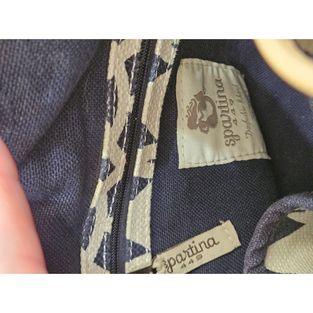 Spartina 449 Bucket Bag Blue Geo Linen Leather Drawstring Nautical Coastal Chic - Picture 11 of 16